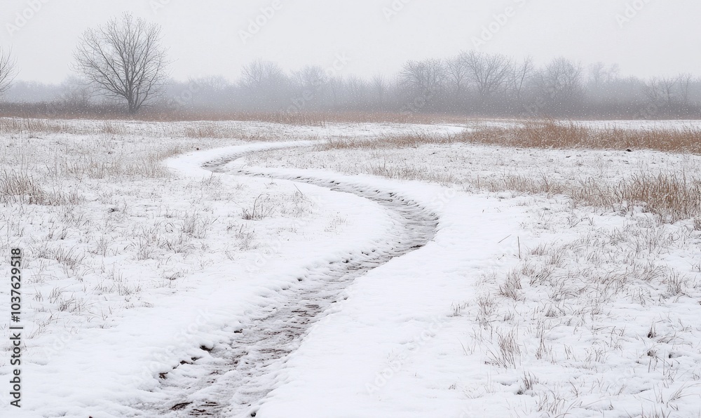 A snow covered field with a path through it
