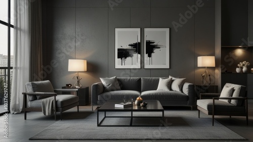 living room with elegance and diversity of modern gray color palette. The sofa is upholstered in a luxurious gray fabric. The minimalist design of the room evokes a sense of calm and sophistication.