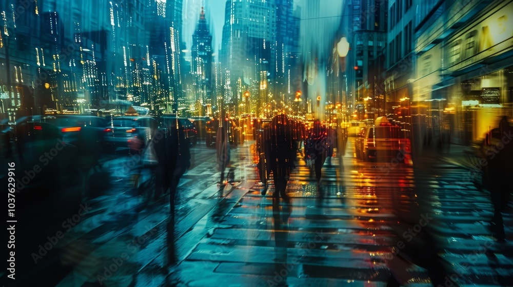 A busy city street with cars and traffic lights. The lights are bright and the cars are moving quickly A busy city street with cars and traffic lights. The lights are bright and the cars are moving quickly