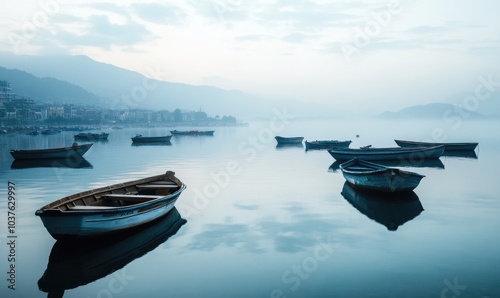 A group of boats are floating on a lake with a cloudy sky in the background photo