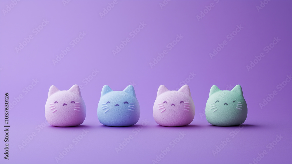 Four pastel-colored kawaii cat-shaped hard candy sweets symmetrically arranged in a row against a soft purple background. Cute dessert concept.