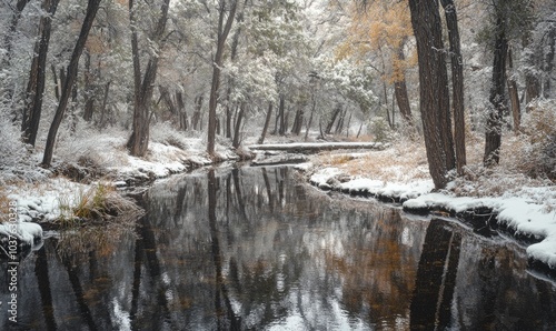 A snowy forest with a river running through it