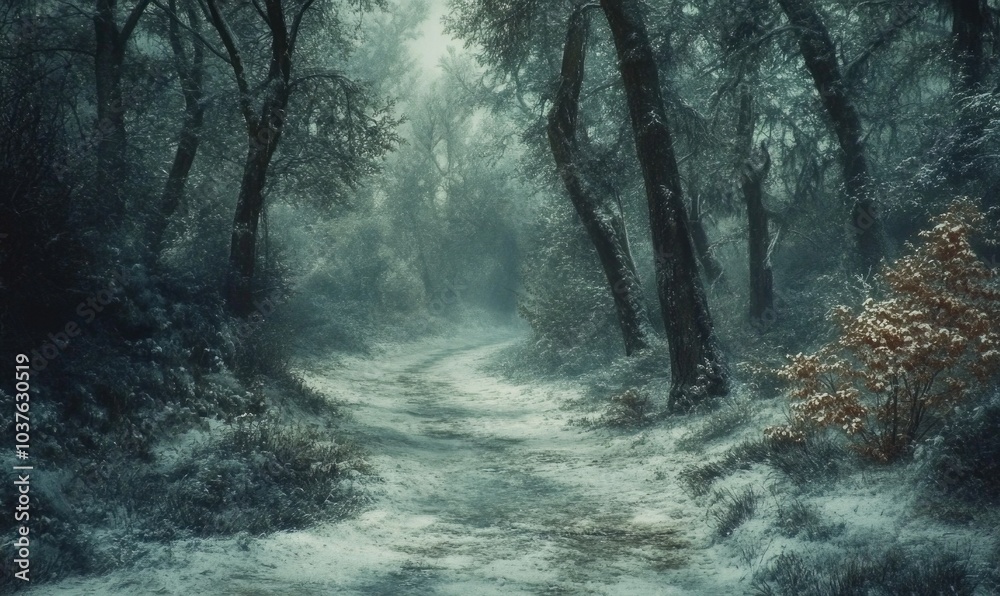Obraz premium A snowy forest path with trees in the background