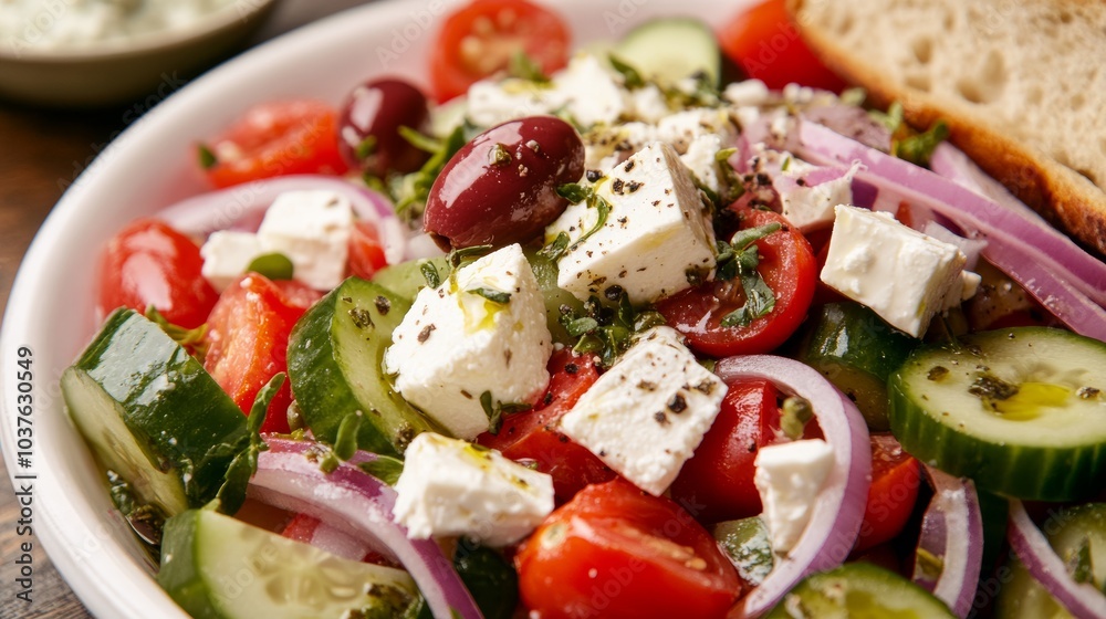 A refreshing Greek salad with tomatoes, cucumbers, red onions A refreshing Greek salad with tomatoes, cucumbers, red onions