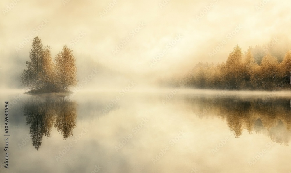 Fototapeta premium A foggy morning with a lake and trees in the background