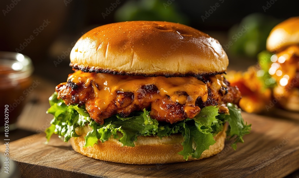 A burger with cheese and bacon on it sits on a wooden table A burger with cheese and bacon on it sits on a wooden table