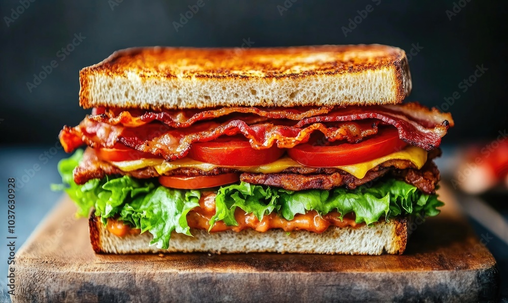 A sandwich with bacon, cheese, and tomatoes on a wooden cutting board A sandwich with bacon, cheese, and tomatoes on a wooden cutting board