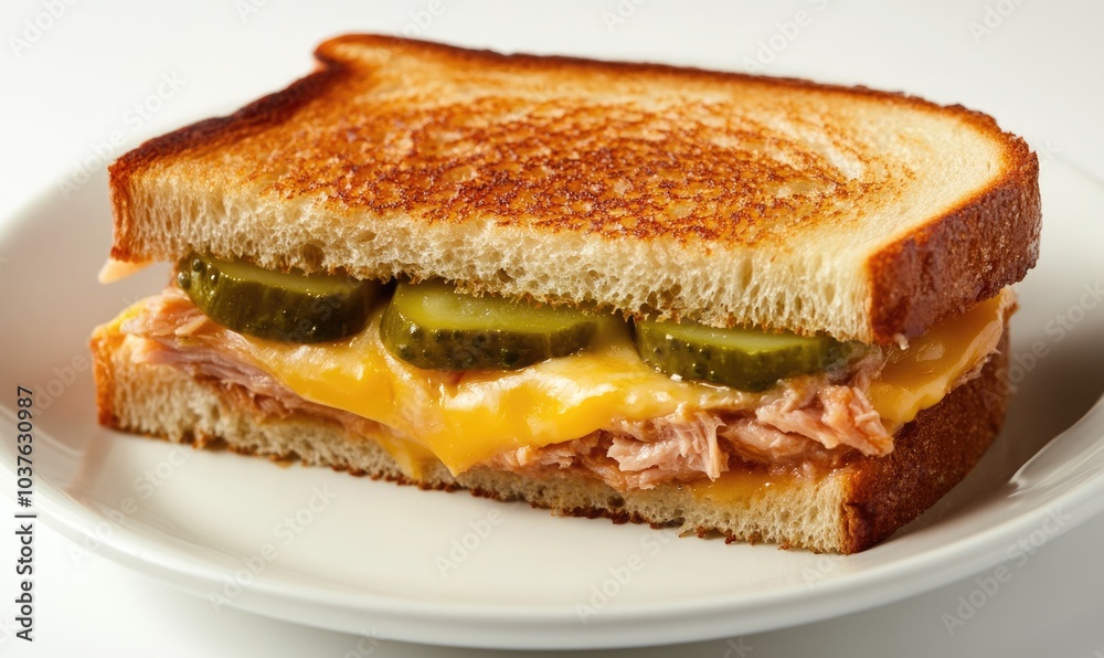A sandwich with pickles and cheese on a white plate A sandwich with pickles and cheese on a white plate