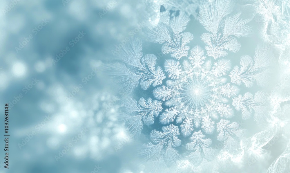 A snowflake is the main focus of the image, with a blue background
