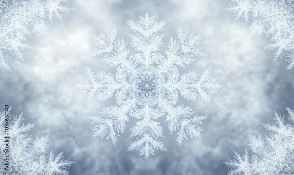 A snowflake is the main focus of the image, with a blue background A snowflake is the main focus of the image, with a blue background