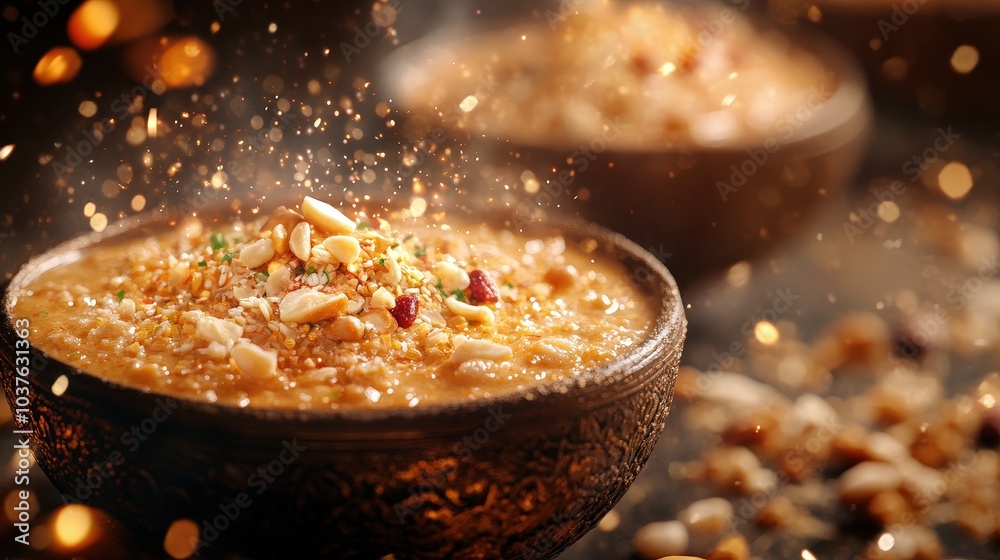 Golden Kheer Delight Floating in Air with Sparkles on Gradient Background | Minimal Hyperdetail Close-up Food Photography in Natural Light Golden Kheer Delight Floating in Air with Sparkles on Gradient Background | Minimal Hyperdetail Close-up Food Photography in Natural Light