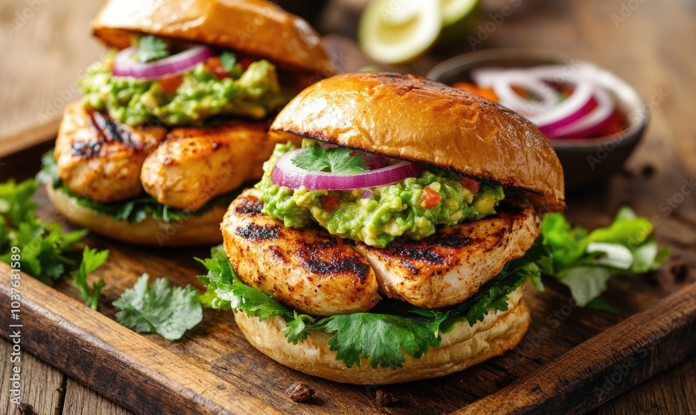 Two grilled chicken sandwiches with guacamole and onions on a wooden board Two grilled chicken sandwiches with guacamole and onions on a wooden board
