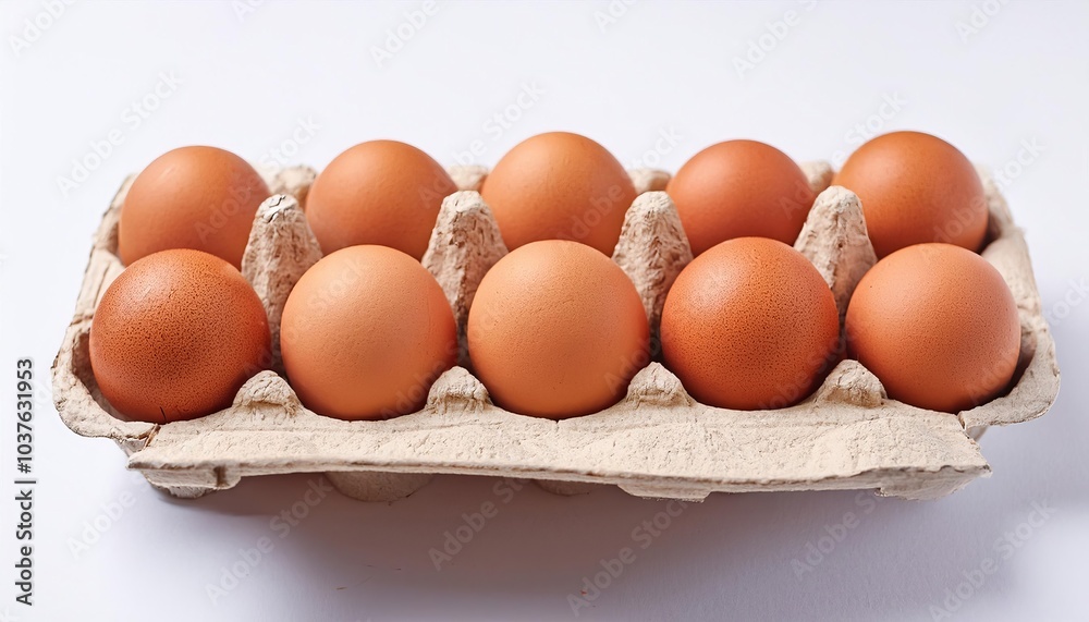 Fresh brown eggs in a cardboard carton on white background Fresh brown eggs in a cardboard carton on white background