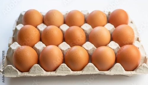 Fresh brown eggs in a cardboard carton on white background 