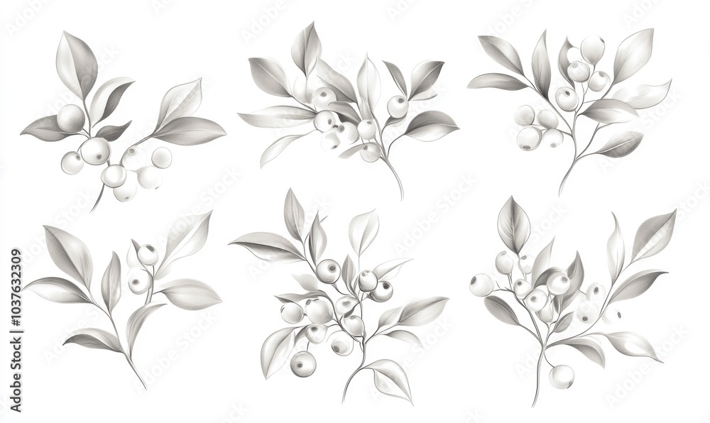 A set of six drawings of leaves and berries A set of six drawings of leaves and berries