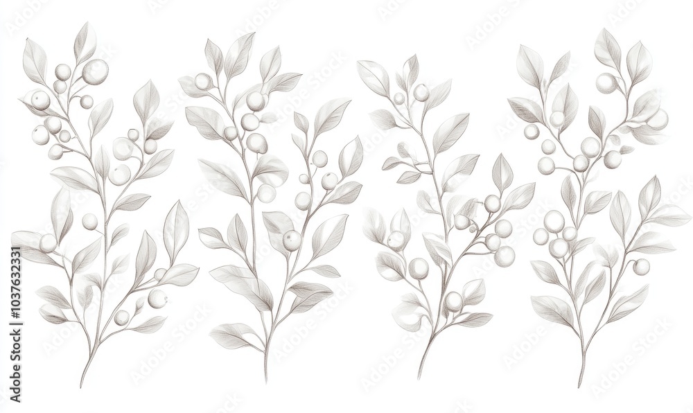 Four branches of a tree with leaves and fruit Four branches of a tree with leaves and fruit