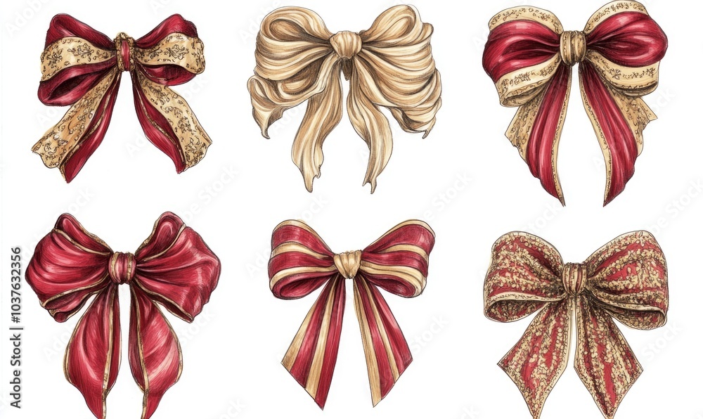 A set of six red and gold bows with gold trim