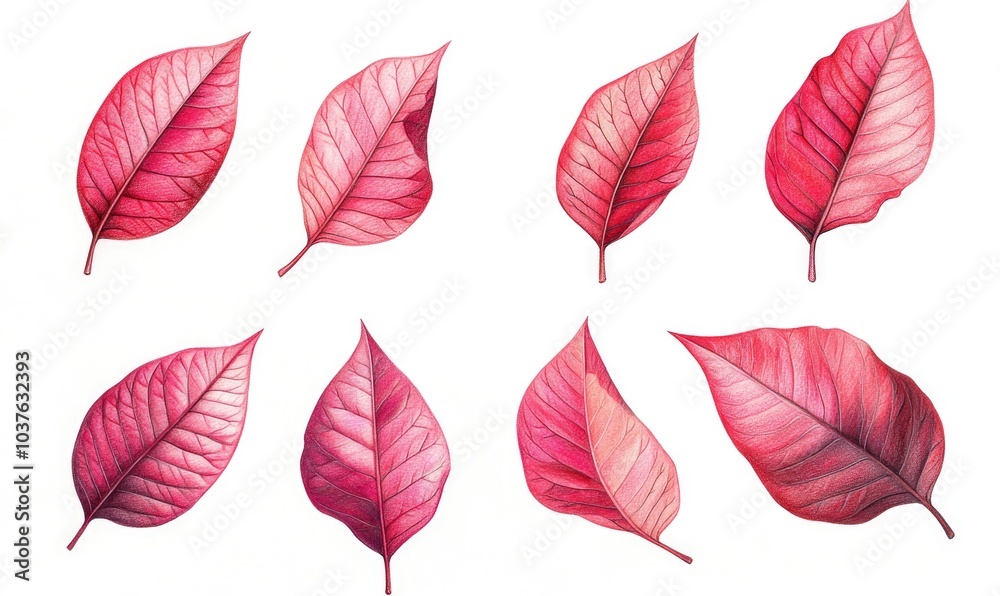 Obraz premium A set of six red leaves with a white background