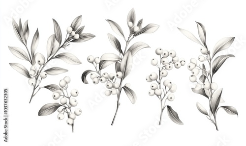 A set of black and white drawings of leaves with berries