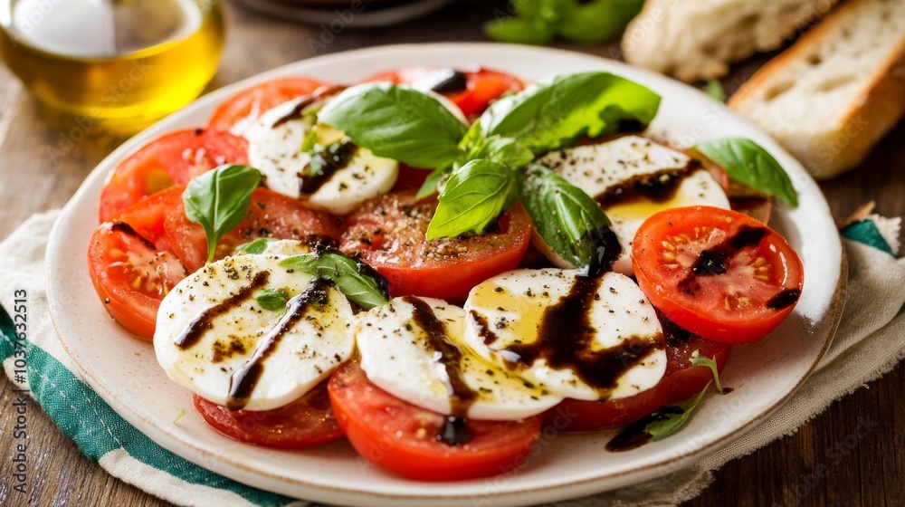 A refreshing plate of caprese salad with ripe tomatoes, fresh mozzarella cheese, basil leaves A refreshing plate of caprese salad with ripe tomatoes, fresh mozzarella cheese, basil leaves