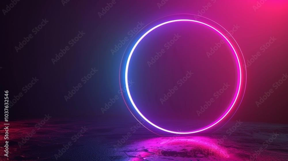 A glowing, neon pink and blue circle is the focal point of this image A glowing, neon pink and blue circle is the focal point of this image