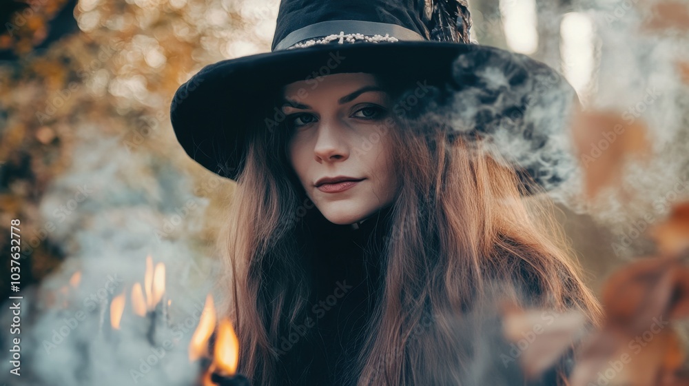 Mystical woman in a hat by the autumn forest fire