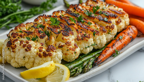 Wide Food Photography of a Roasted Cauliflower Steak photo