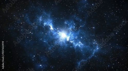 Fototapeta Naklejka Na Ścianę i Meble -  Dark interstellar space depicted in a 3D cartoon rendering featuring a 2D illustration of stars and a blue cold nebula in a deep space night sky