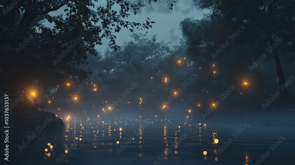 Fototapeta premium Magical firefly lights floating in misty air above an eerie swamp forest at night A fantasy 3D illustration created from original 3D rendering