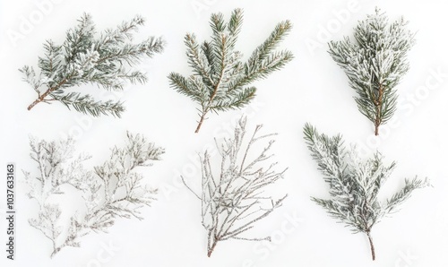 Six different types of evergreen branches, all of which are covered in snow