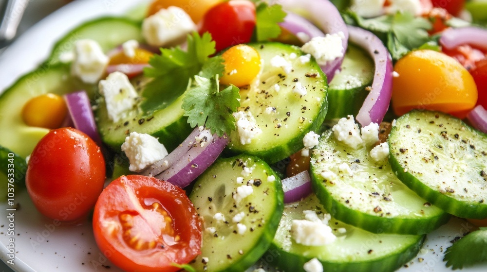 A refreshing plate of cucumber avocado salad with sliced cucumbers, diced avocado, cherry tomatoes A refreshing plate of cucumber avocado salad with sliced cucumbers, diced avocado, cherry tomatoes