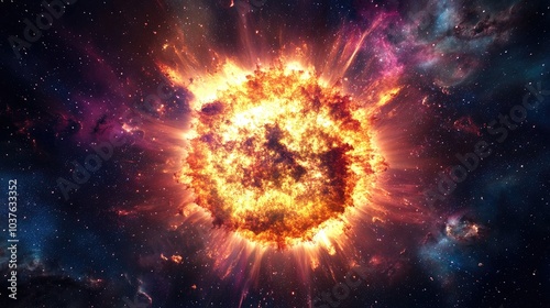 3D illustration of a massive star explosion supernova set against a space background in cartoon rendering style