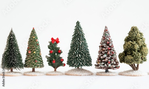 A row of Christmas trees are lined up, with some of them being fake