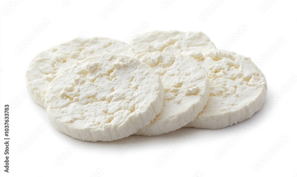 A close up of four white cheese crackers A close up of four white cheese crackers