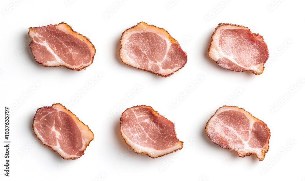 A close up of six slices of bacon, each with a different amount of fat A close up of six slices of bacon, each with a different amount of fat