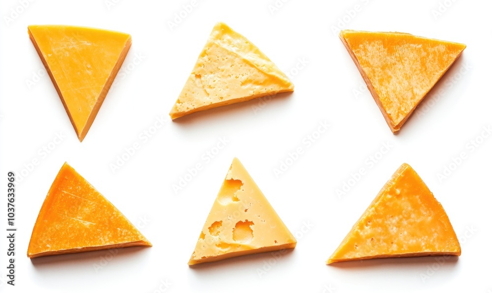 A variety of triangular slices of cheese, each with a different shape and size A variety of triangular slices of cheese, each with a different shape and size