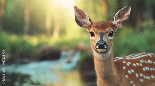 A close-up shot of a young deer standing near a stream, illuminated by soft sunlight filtering through the trees, showcasing its beautiful spots.