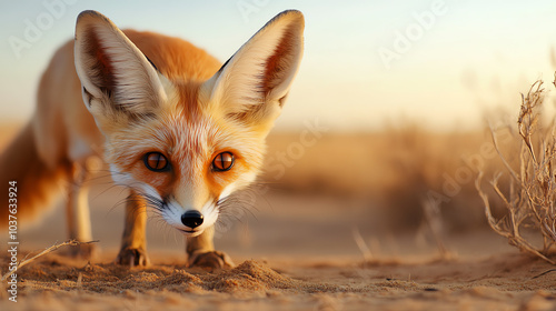 A close-up view of a curious red fox in its natural habitat, showcasing its vibrant fur and expressive eyes against a warm, sandy background.