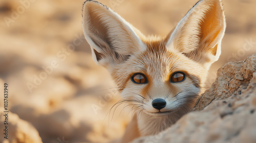 A close-up view of a fennec fox with large ears, peeking out from a sandy background. The fox's expressive eyes capture attention and curiosity.