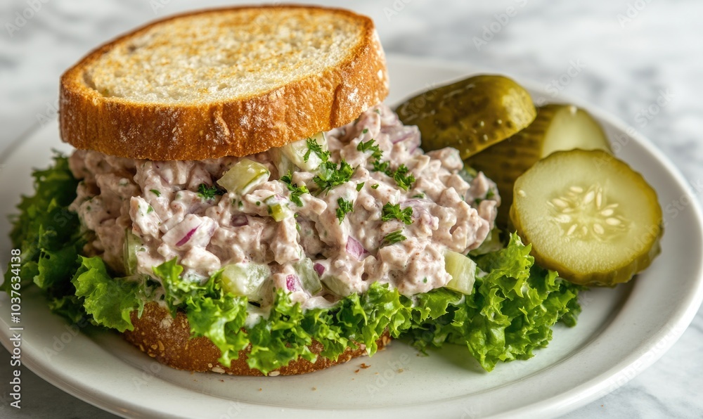 A sandwich with lettuce and pickles on a white plate A sandwich with lettuce and pickles on a white plate