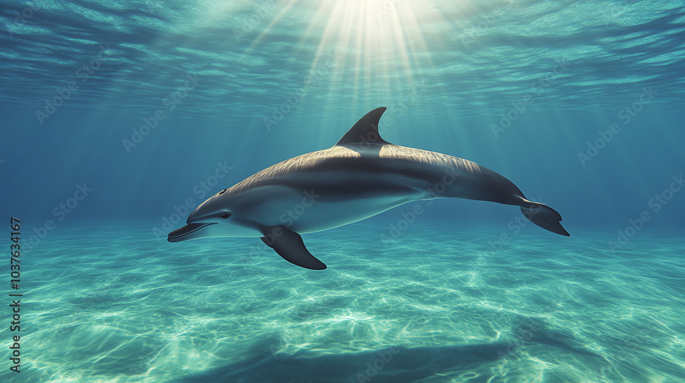 Obraz premium A dolphin swimming gracefully in clear blue water with sunlight filtering through the surface, creating a serene underwater scene.