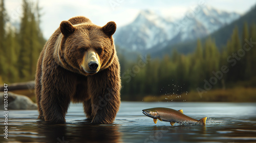 A majestic bear stands in a serene river, eyeing a jumping fish, surrounded by lush green forests and dramatic mountains in the background. photo