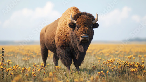 A majestic bison standing gracefully in a field of vibrant wildflowers under a bright blue sky, showcasing the beauty of nature.