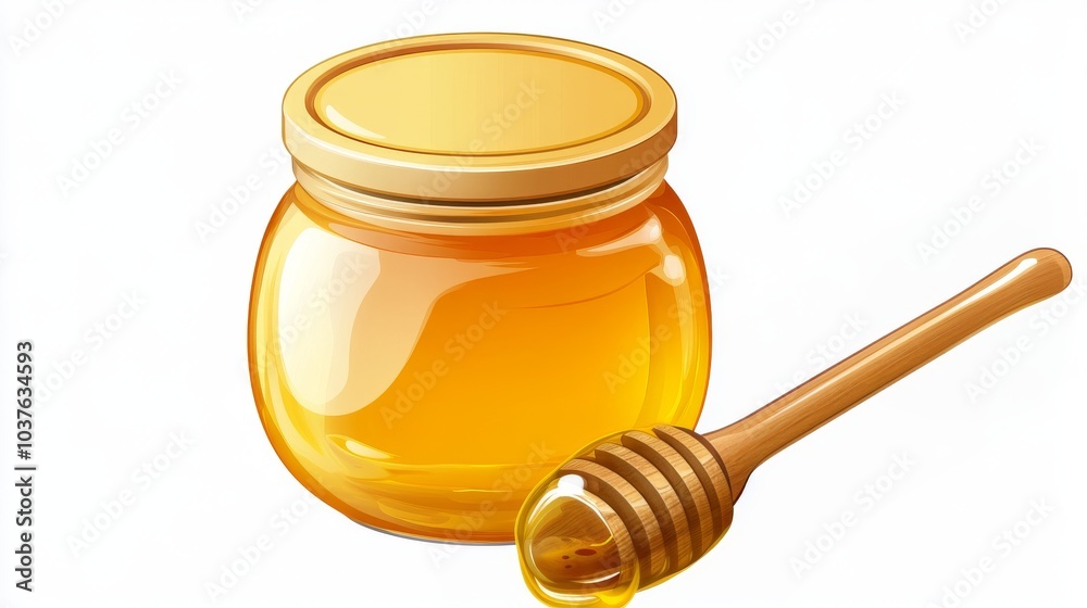 Honey jar with a wooden dipper and golden lid, isolated on a white background Honey jar with a wooden dipper and golden lid, isolated on a white background