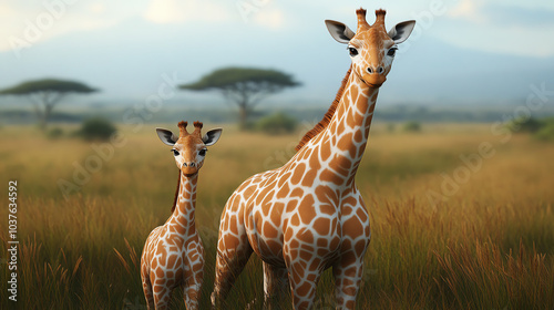 A majestic giraffe and its calf standing gracefully among tall grass, with a beautiful blurred background of trees and mountains under a clear sky. photo