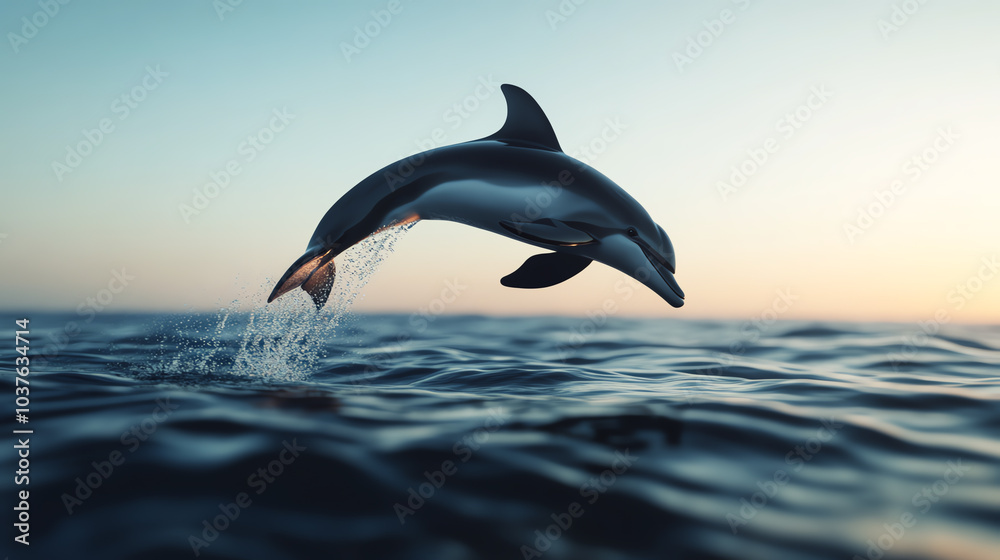 Fototapeta premium A playful dolphin leaps gracefully above the surface of the water, creating splashes against a serene sunset backdrop.