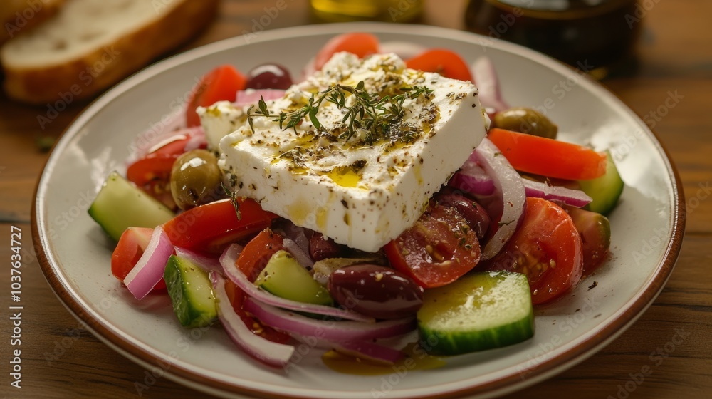 A refreshing plate of Greek salad with tomatoes, cucumbers, red onions A refreshing plate of Greek salad with tomatoes, cucumbers, red onions