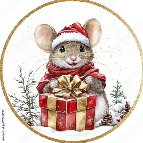 Cute mouse in Christmas attire holding a gift, watercolor illustration in a circular sticker design with a gold border