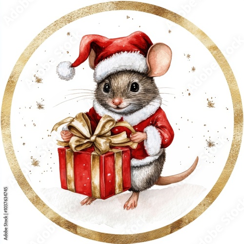 Cute mouse in a Santa outfit holding a gift, designed in watercolor style with a gold-bordered circular frame on a white background