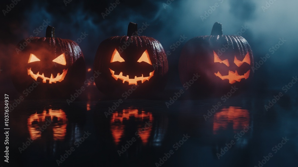 Naklejka premium Spooky Jack-O'-Lanterns in Fog